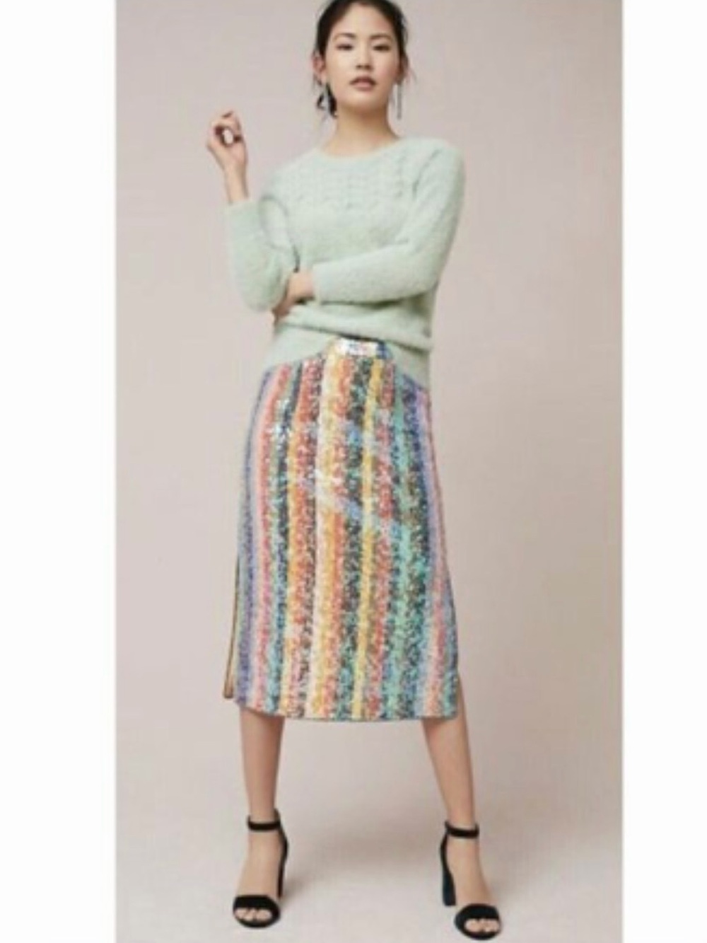 Anthropologie Maeve Multicolor Sequin Stripe Midi Skirt